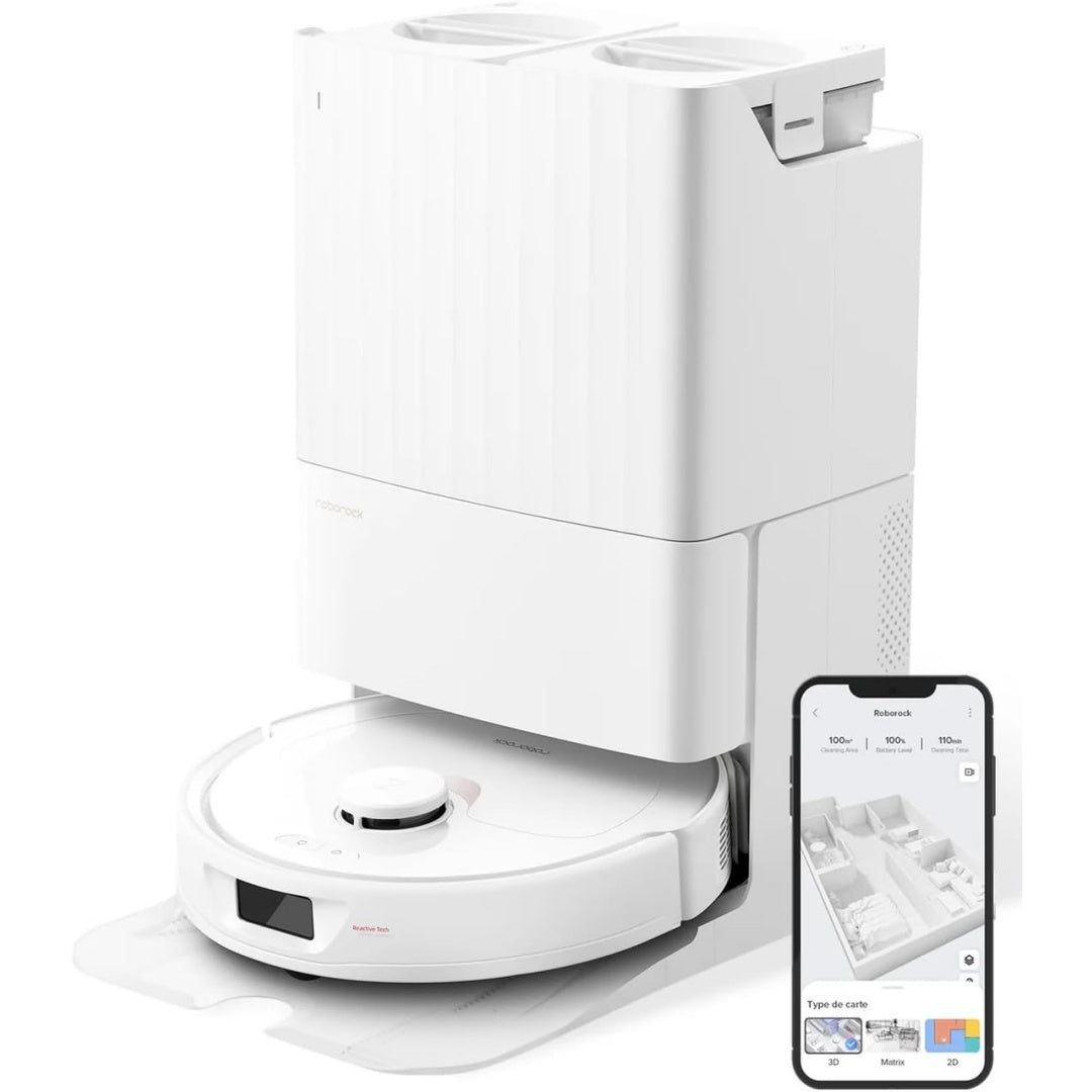 Ensemble robot et station de lavage avec une aspiration annoncee de 5500 Pa, coloris blanc