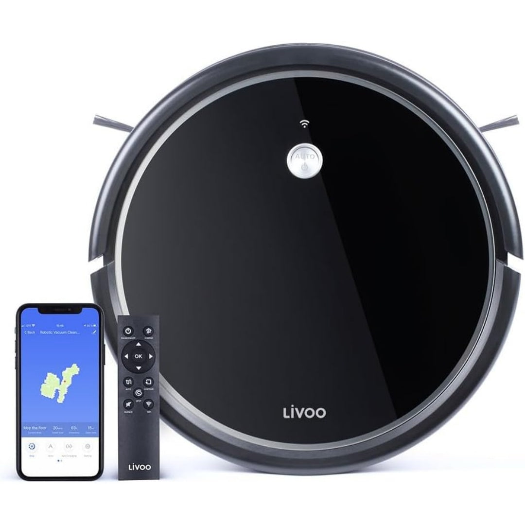 Robot aspirateur, coloris noir et gris, avec une detection des obstacles