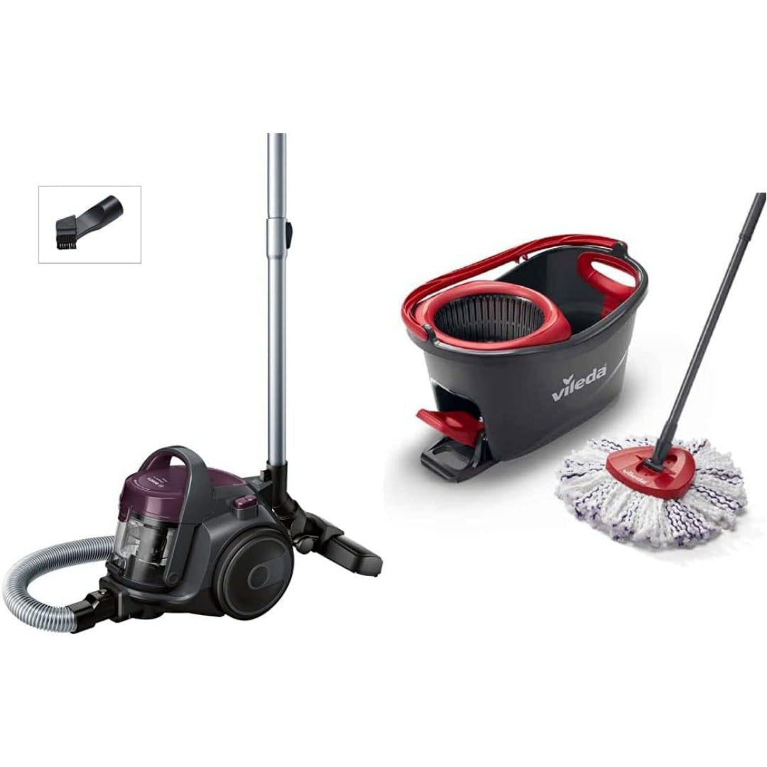 Aspirateur de sol sur roues, coloris gris et noir, avec la collecte sans sac